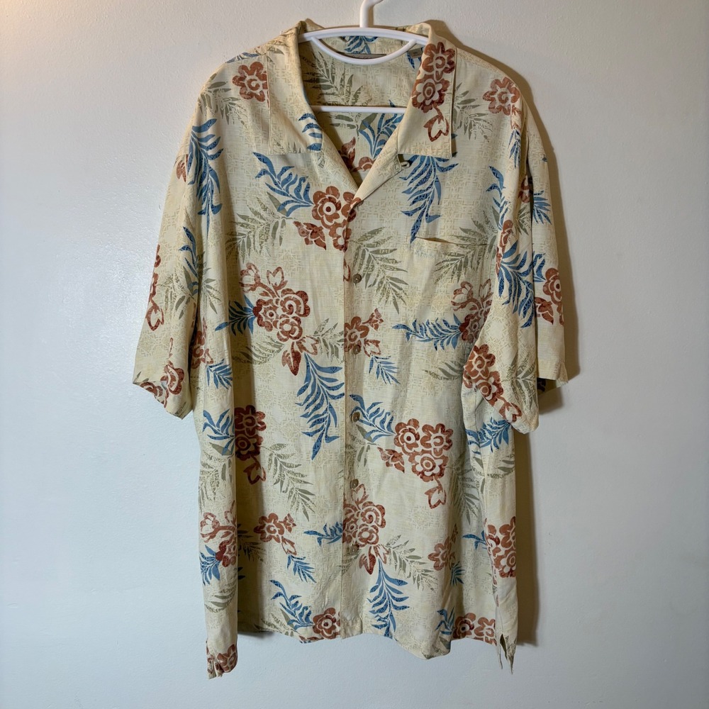 Paradise Collection Mens XXL 100% Silk Tropical Floral Hawaiian Camp Shirt Cream